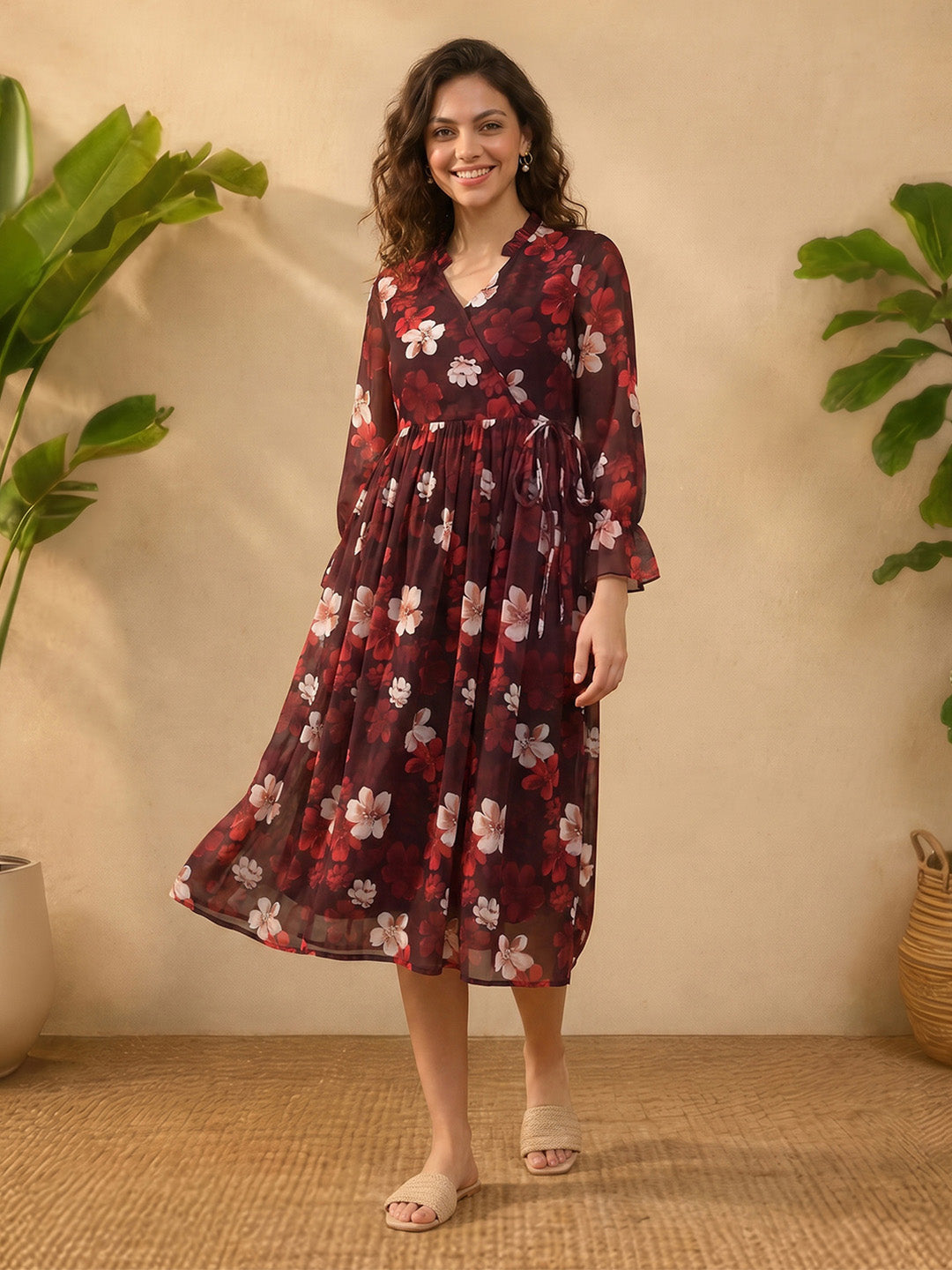 Janasya Women's Brown Georgette Floral Printed Wrap Dress