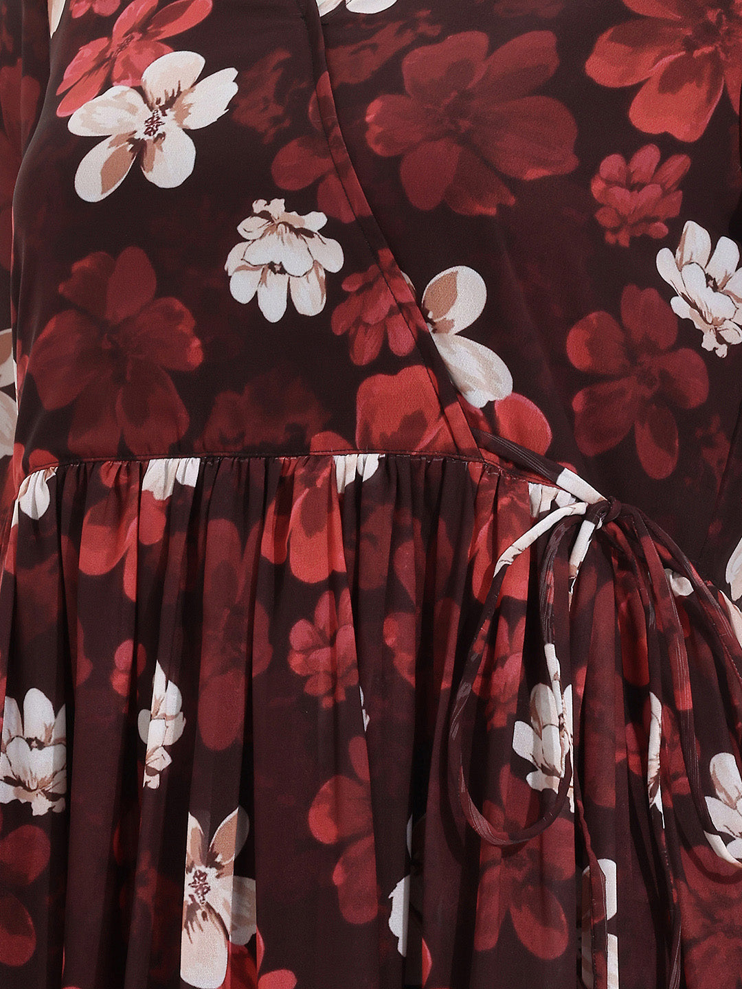 Janasya Women's Brown Georgette Floral Printed Wrap Dress