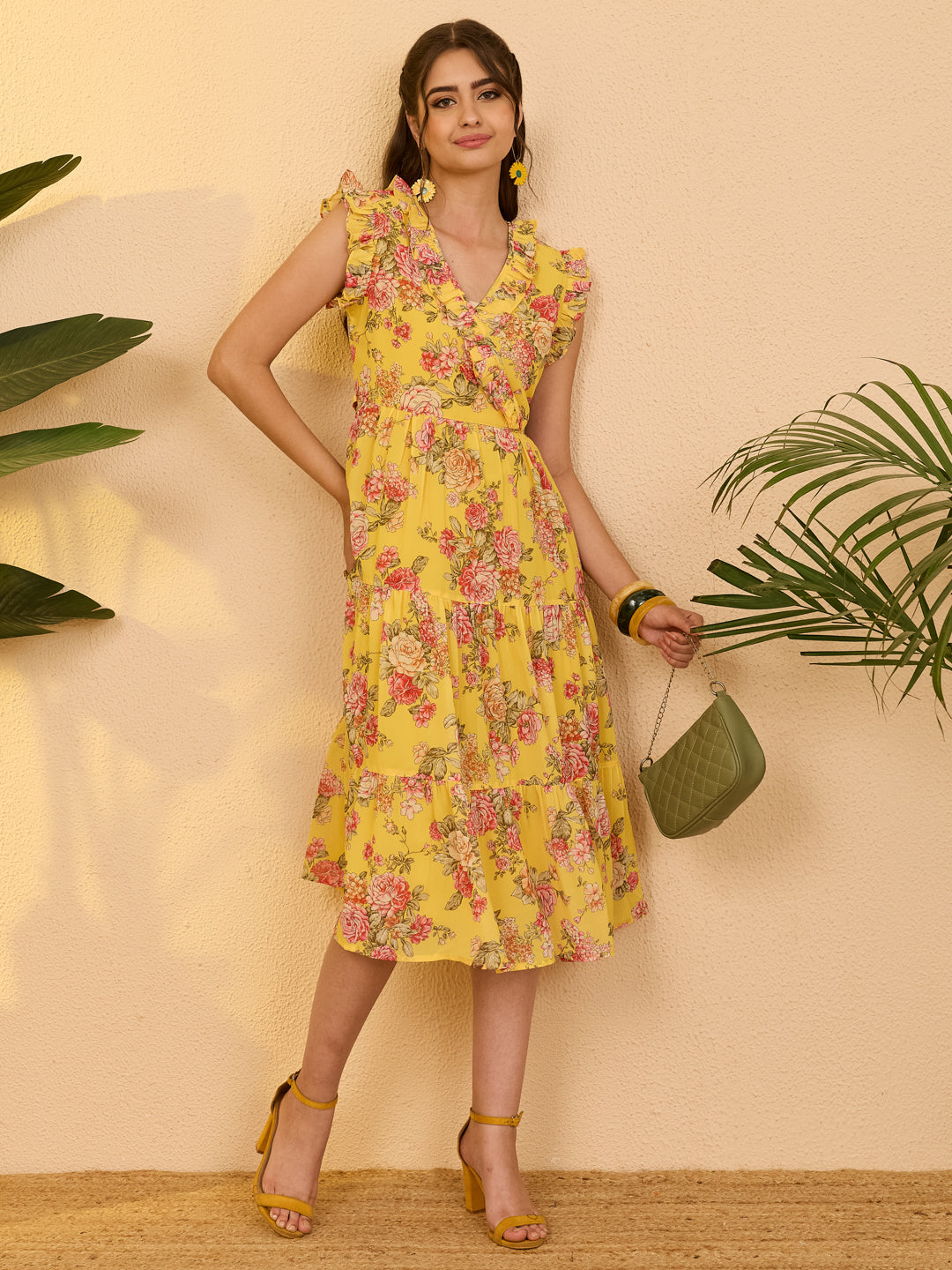 Janasya Women's Yellow Georgette Floral Printed Tiered Dress