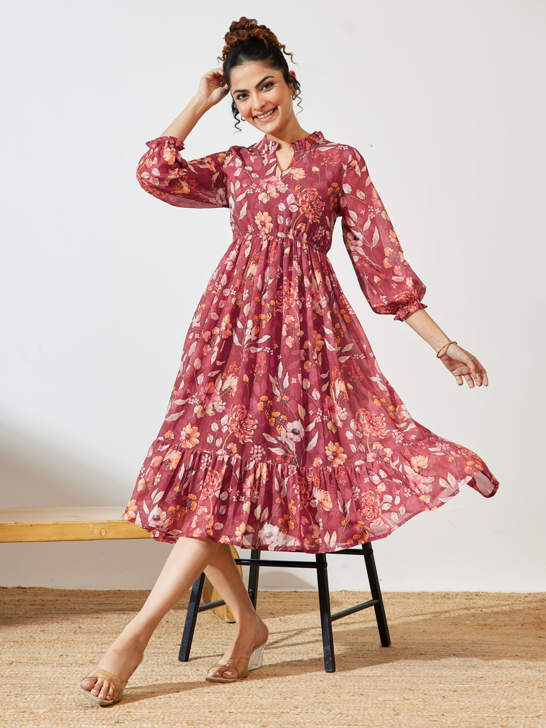 Janasya Women's Maroon Georgette Floral Printed Fit & Flare Dress