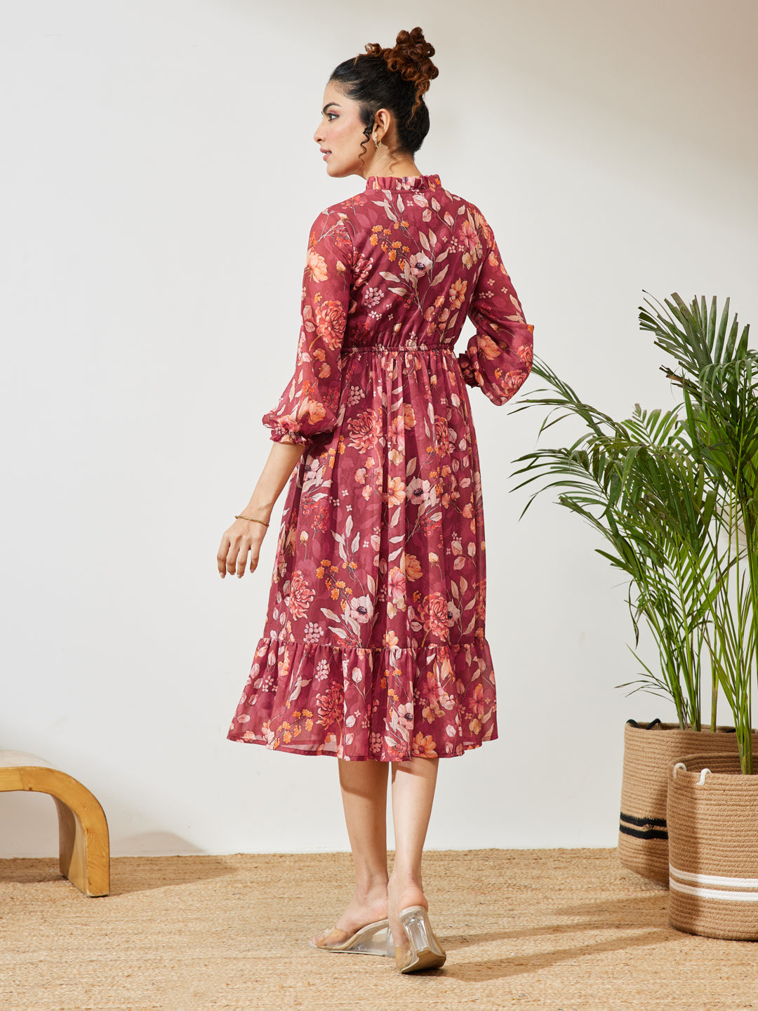 Janasya Women's Maroon Georgette Floral Printed Fit & Flare Dress