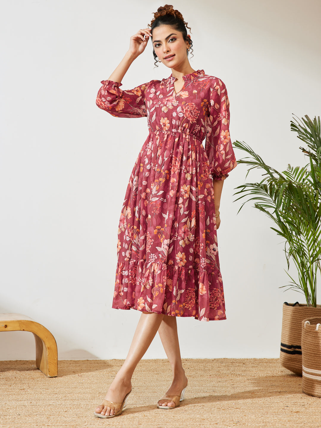 Janasya Women's Maroon Georgette Floral Printed Fit & Flare Dress