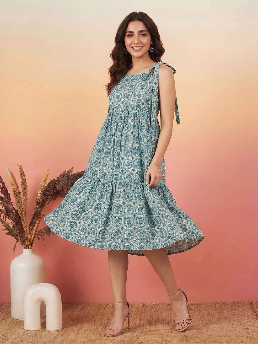 Janasya Women's Teal Blue Pure Cotton Geometric Printed Gathered Dress