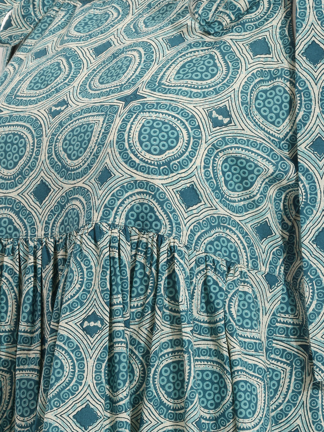 Janasya Women's Teal Blue Pure Cotton Geometric Printed Gathered Dress