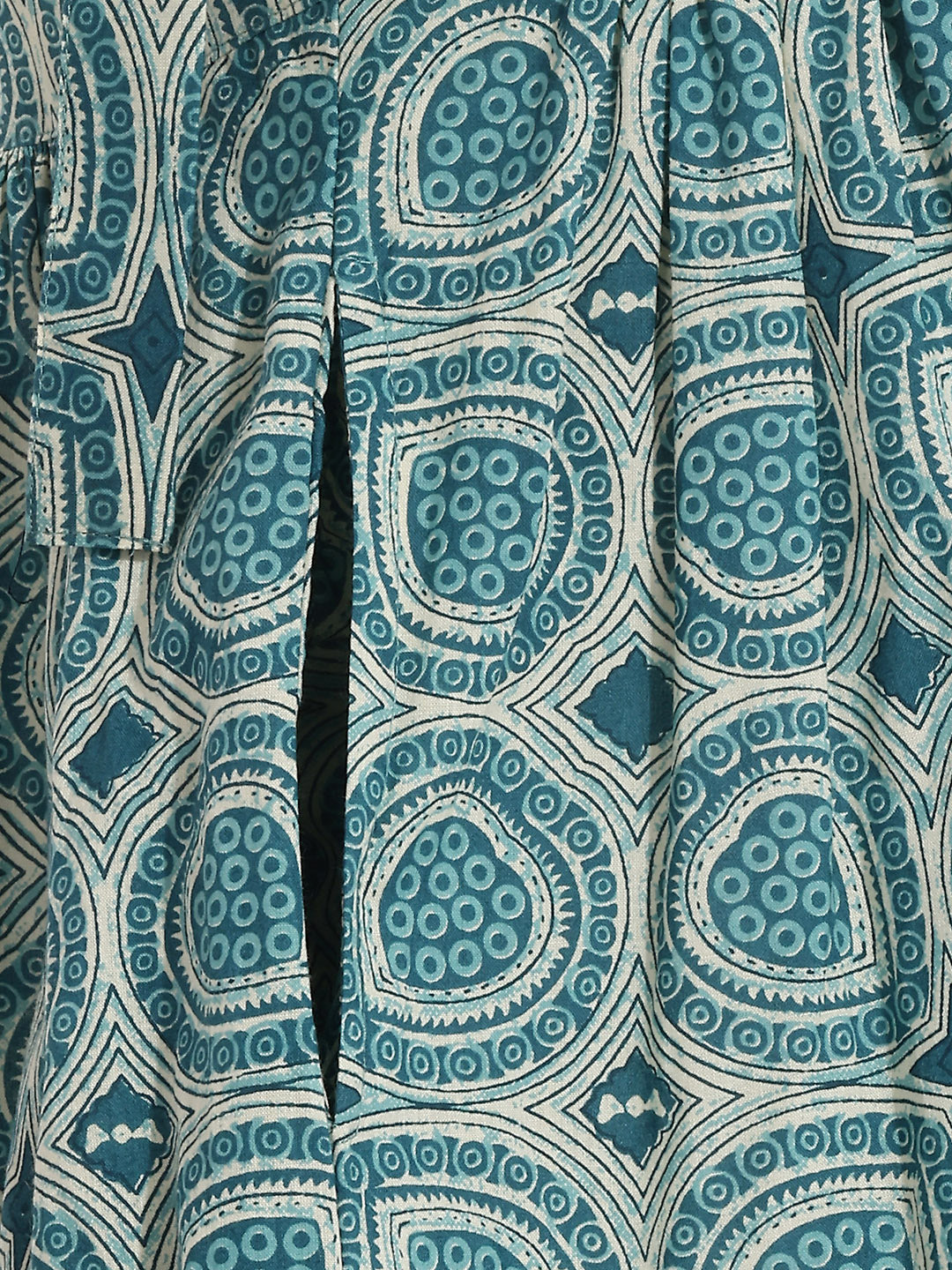 Janasya Women's Teal Blue Pure Cotton Geometric Printed Gathered Dress