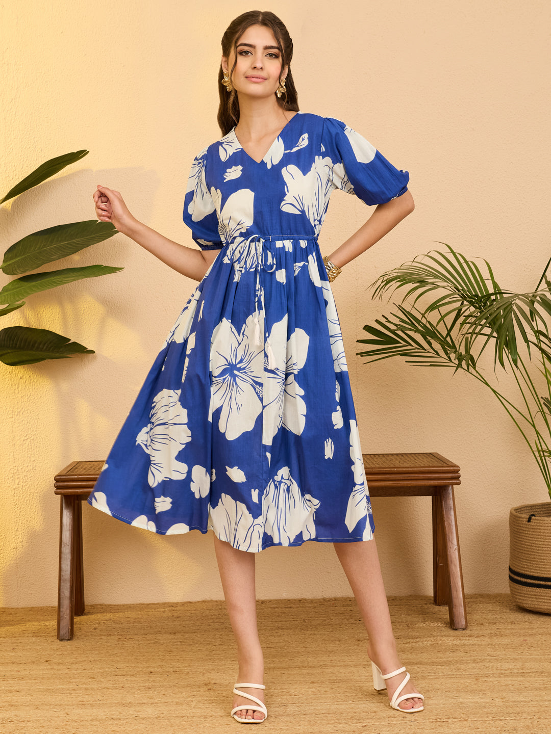 Janasya Women's Royal Blue Pure Cotton Floral Printed Fit & Flare Dress