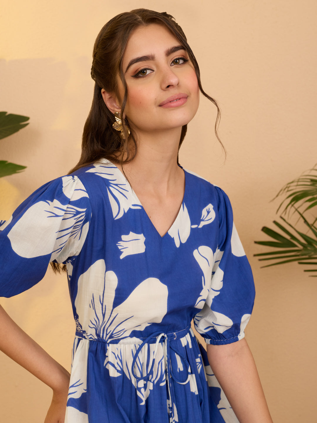 Janasya Women's Royal Blue Pure Cotton Floral Printed Fit & Flare Dress