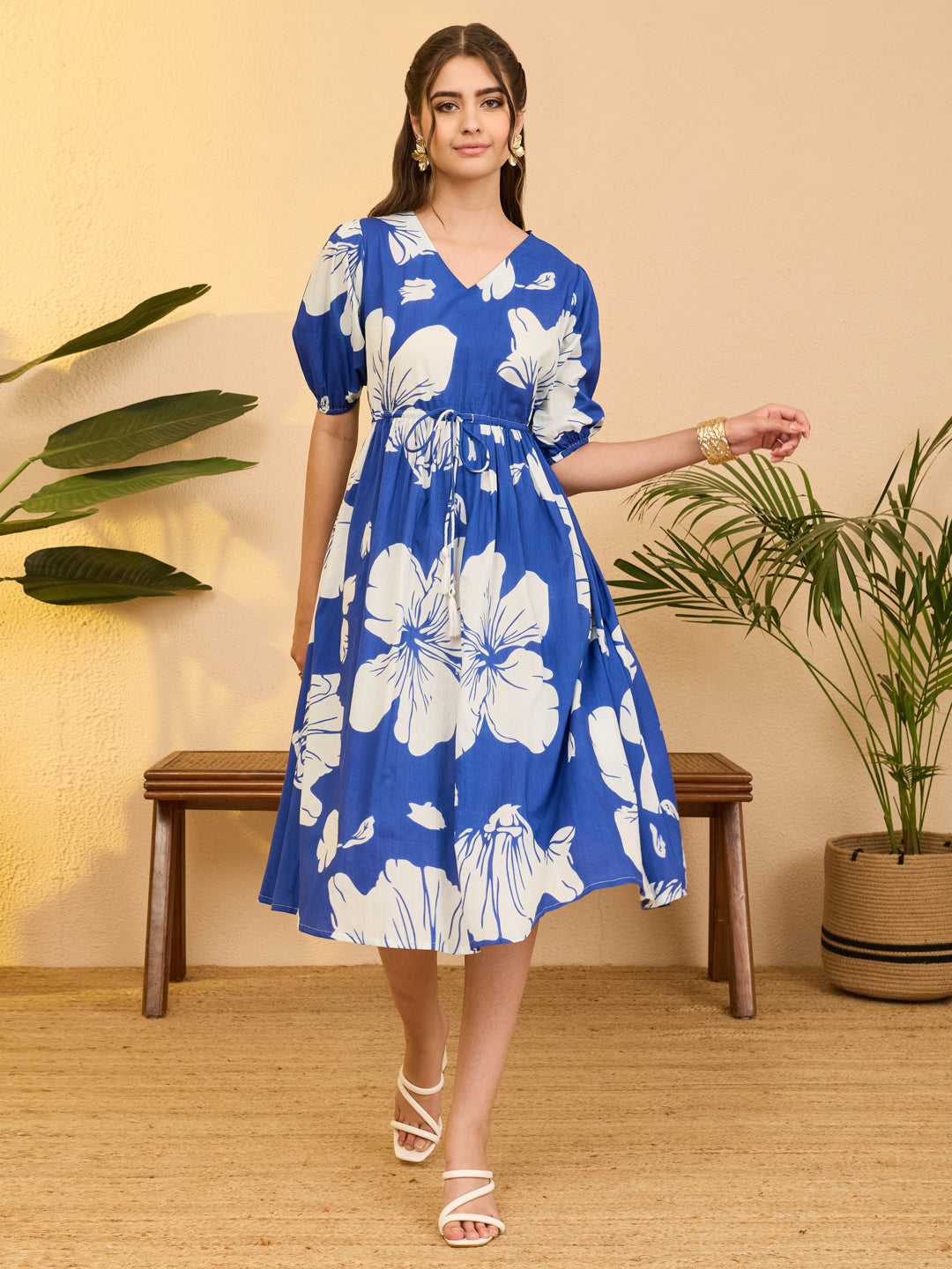Janasya Women's Royal Blue Pure Cotton Floral Printed Fit & Flare Dress