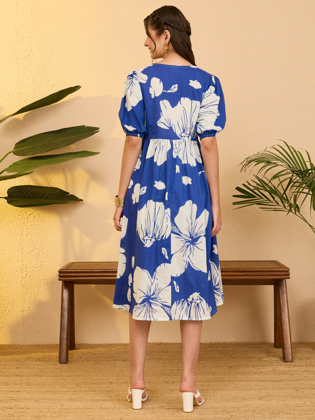Janasya Women's Royal Blue Pure Cotton Floral Printed Fit & Flare Dress