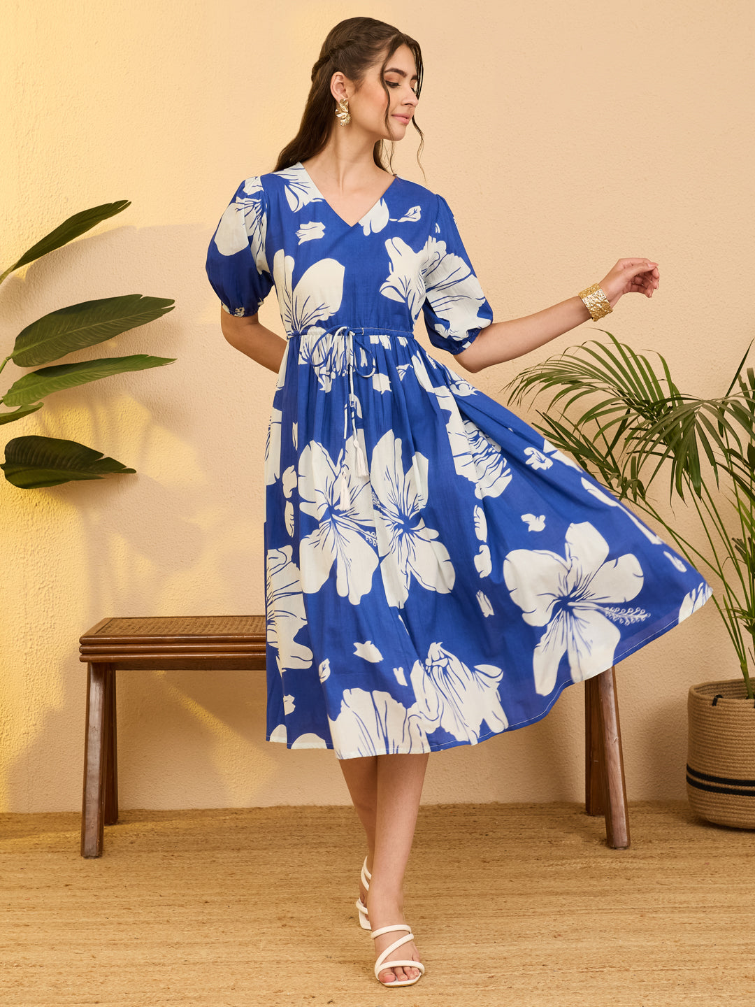 Janasya Women's Royal Blue Pure Cotton Floral Printed Fit & Flare Dress