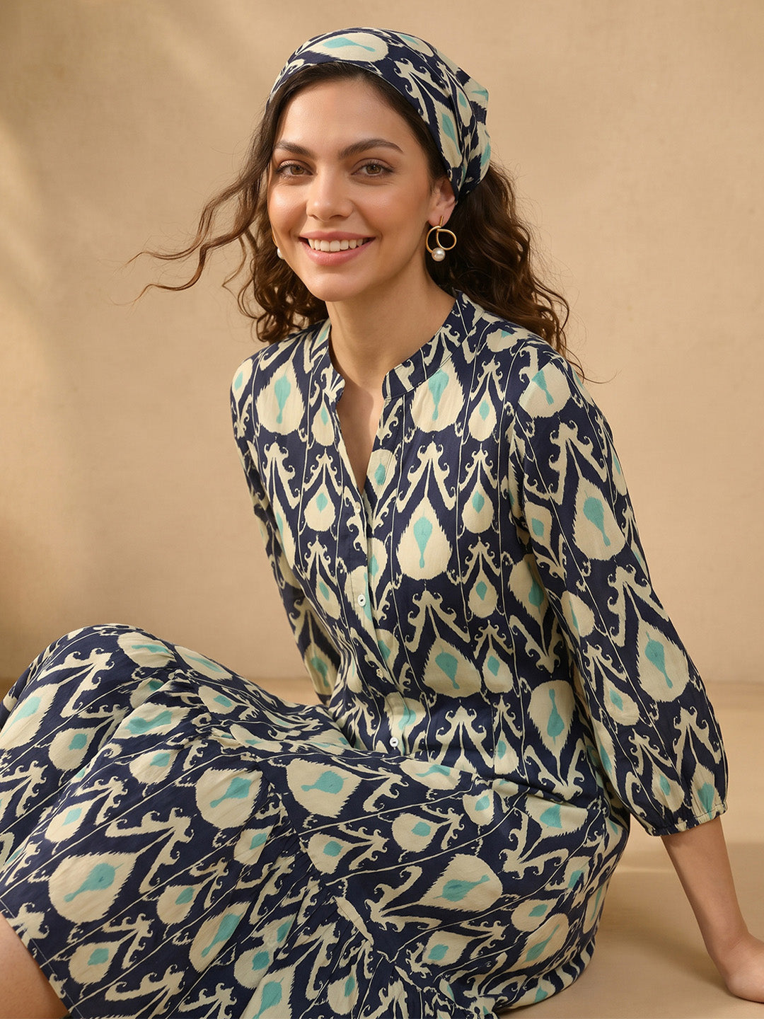 Janasya Women's Navy Blue Pure Cotton Ikkat Printed A-Line Dress