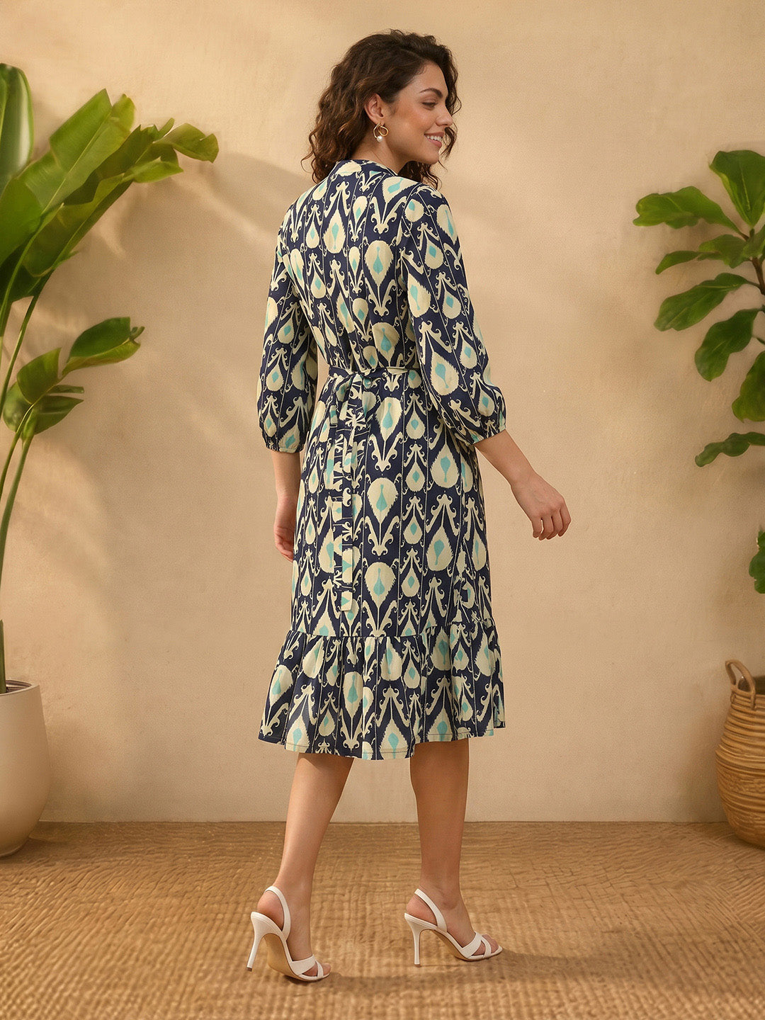 Janasya Women's Navy Blue Pure Cotton Ikkat Printed A-Line Dress