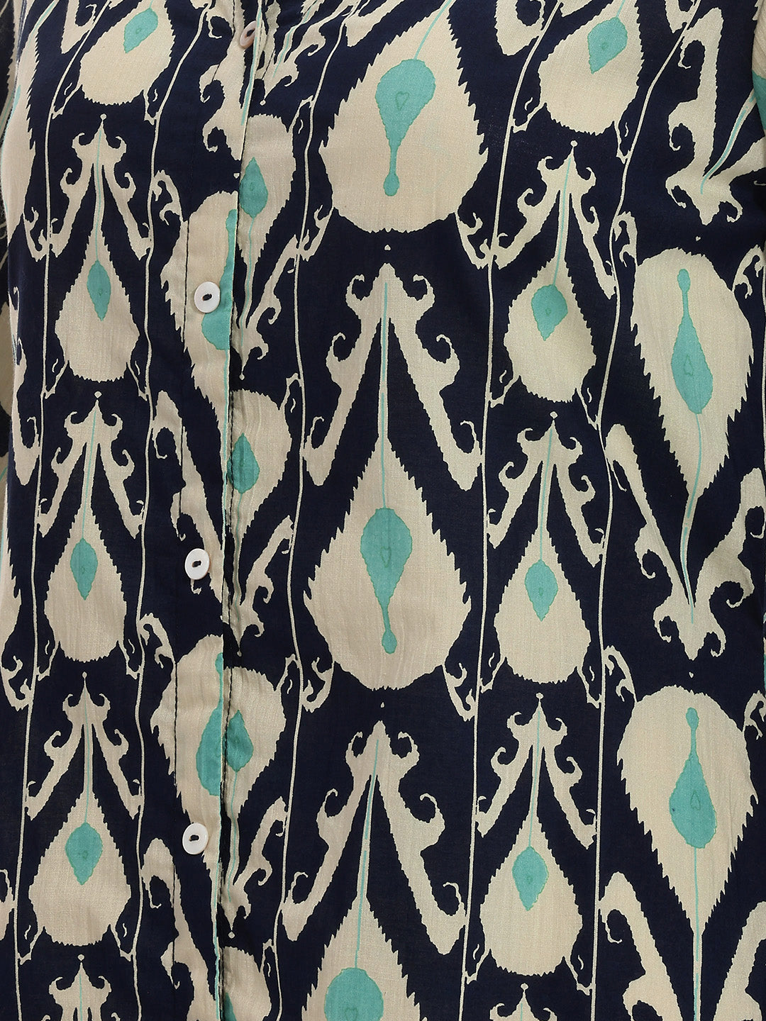 Janasya Women's Navy Blue Pure Cotton Ikkat Printed A-Line Dress