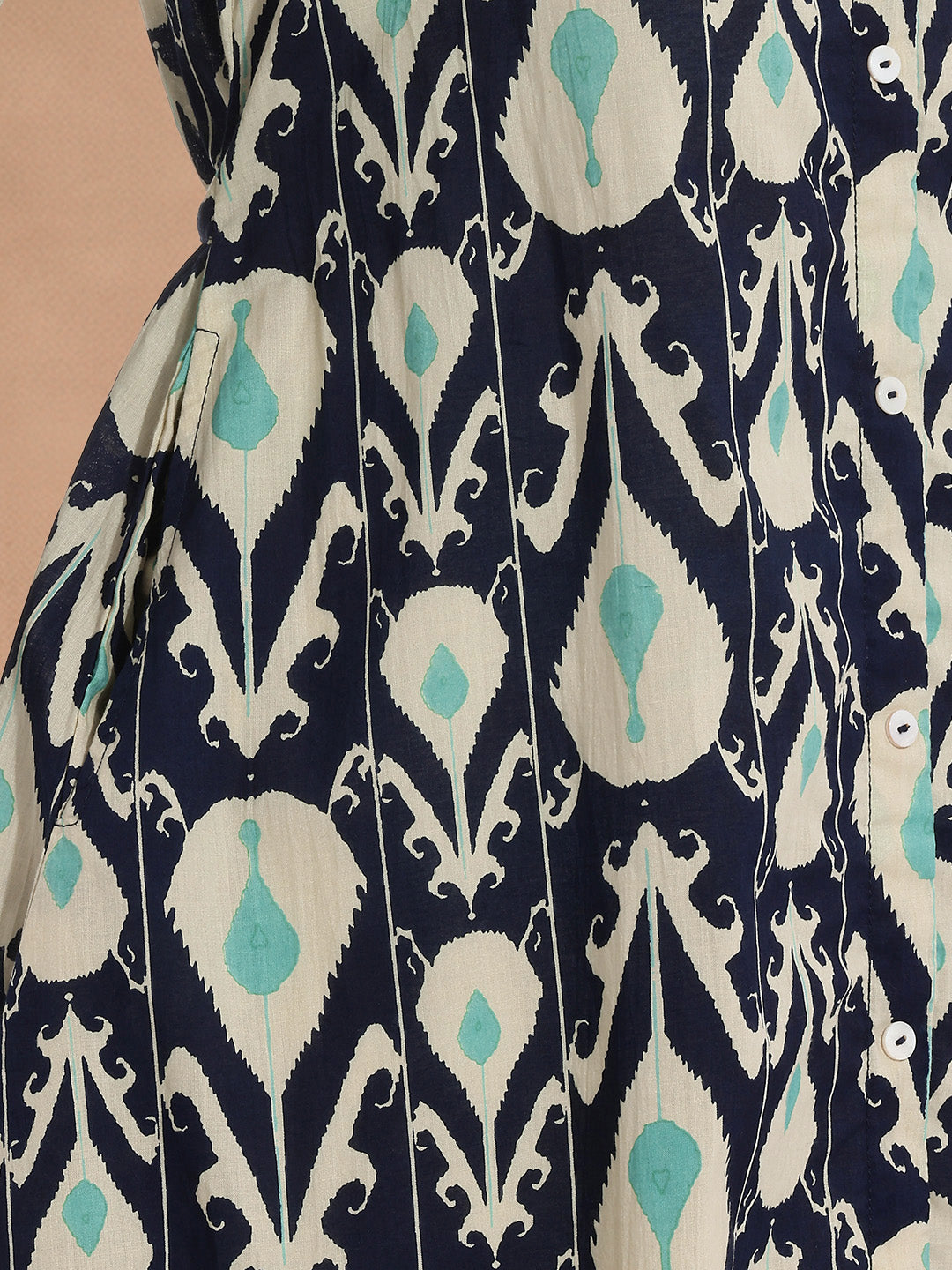 Janasya Women's Navy Blue Pure Cotton Ikkat Printed A-Line Dress