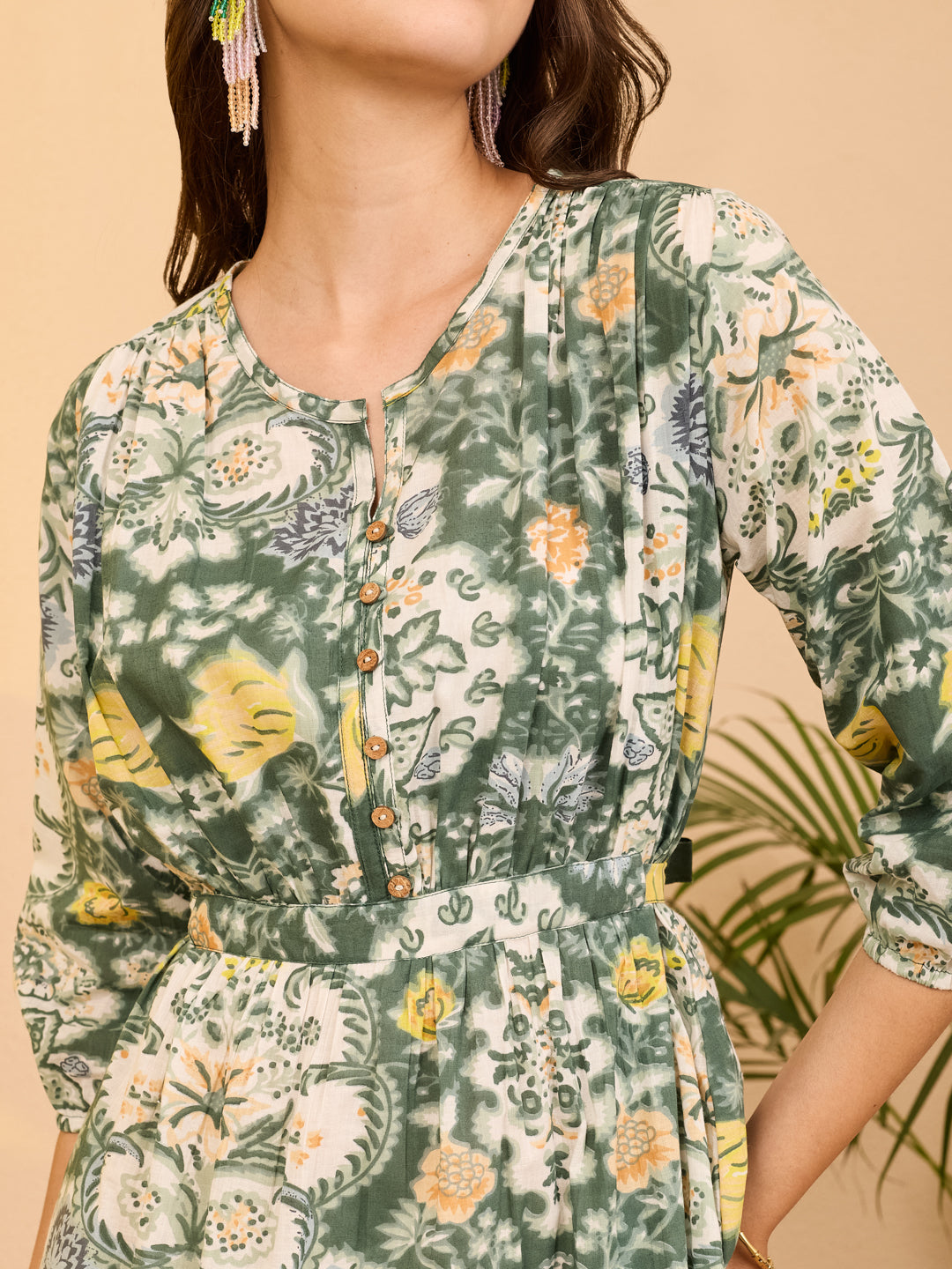 Janasya Women's Sage Green Pure Cotton Floral Printed Fit & Flare Dres Janasya Women's Sage Green Pure Cotton Floral Printed Fit & Flare Dres