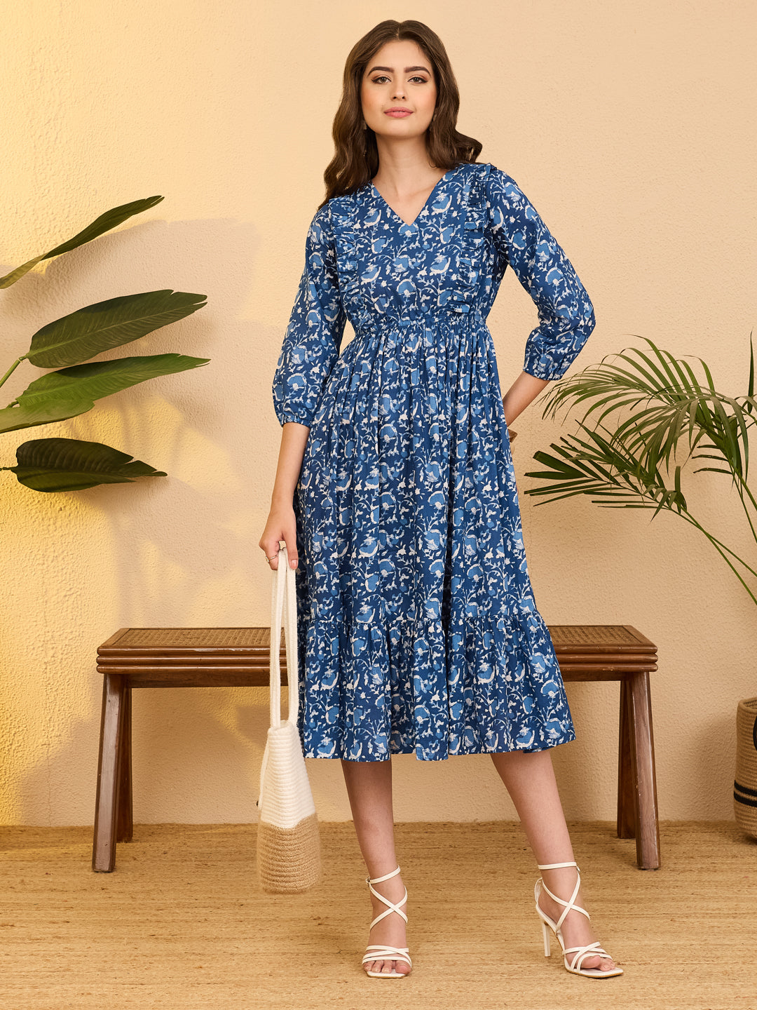 Janasya Women's Indigo Pure Cotton Floral Printed Fit & Flare Dress