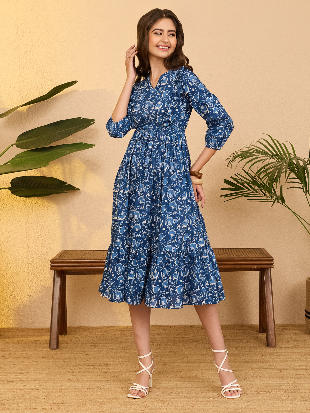 Janasya Women's Indigo Pure Cotton Floral Printed Fit & Flare Dress