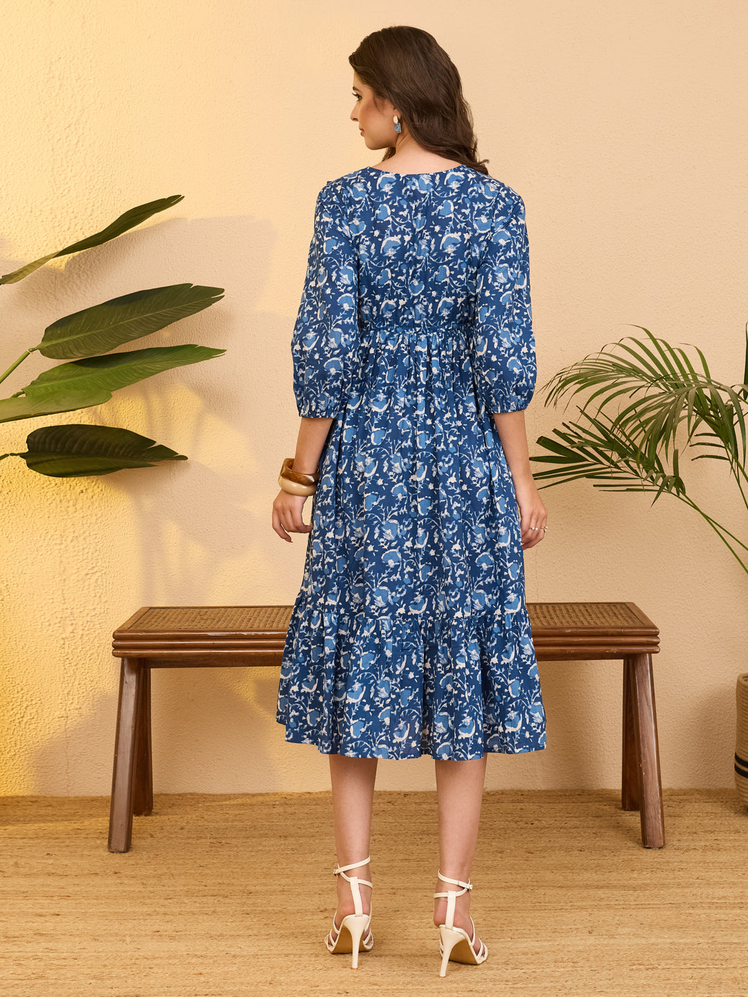 Janasya Women's Indigo Pure Cotton Floral Printed Fit & Flare Dress