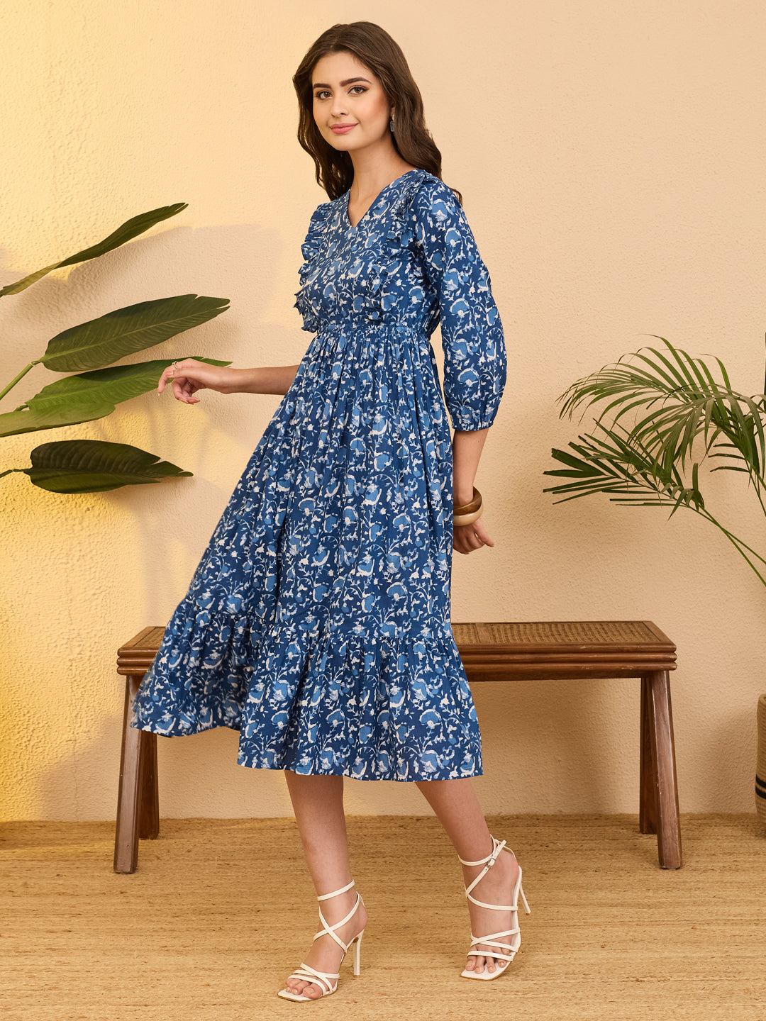 Janasya Women's Indigo Pure Cotton Floral Printed Fit & Flare Dress