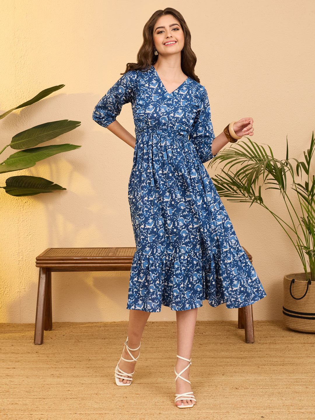 Janasya Women's Indigo Pure Cotton Floral Printed Fit & Flare Dress