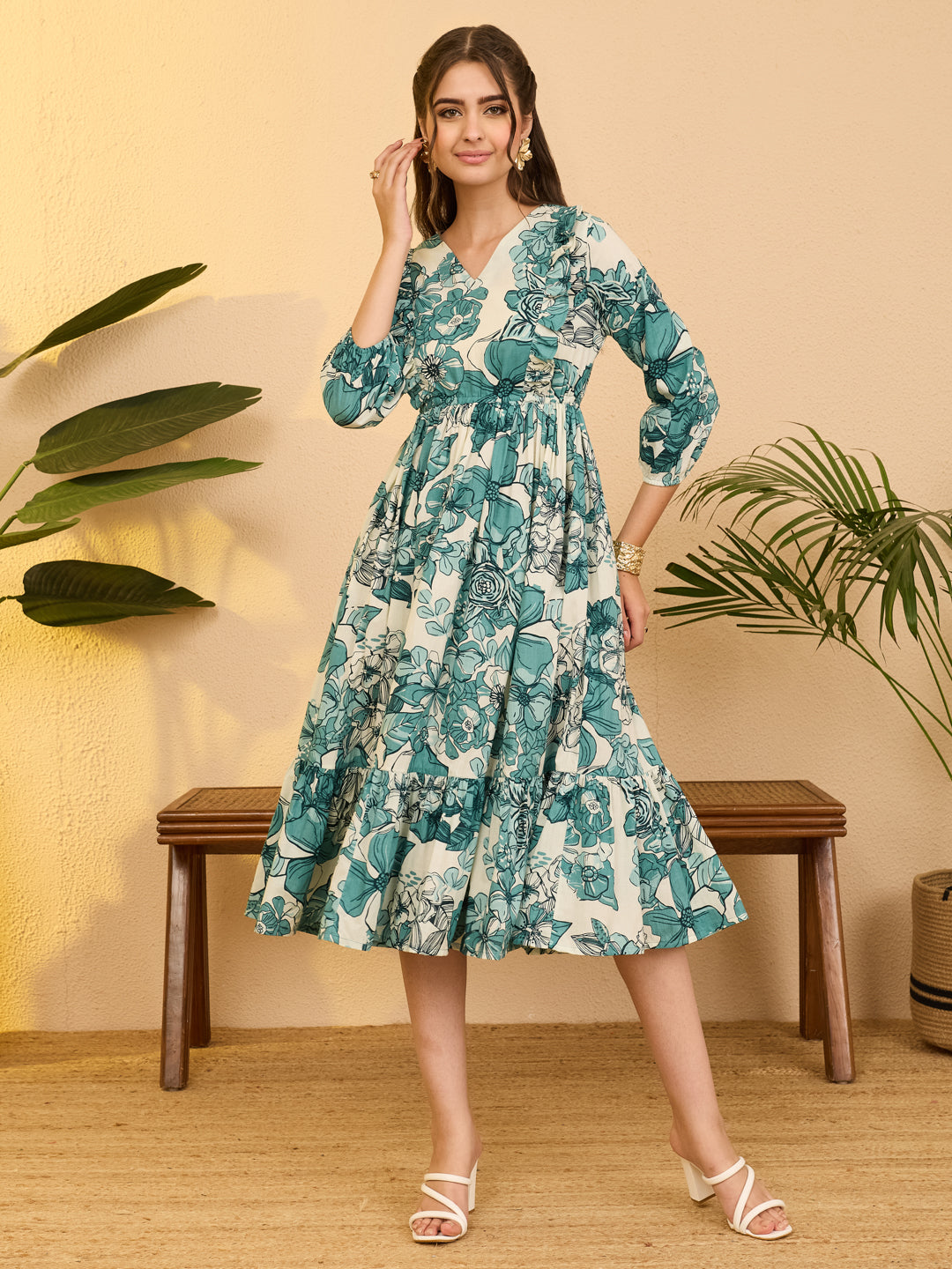 Janasya Women's Off White Pure Cotton Floral Printed Fit & Flare Dress