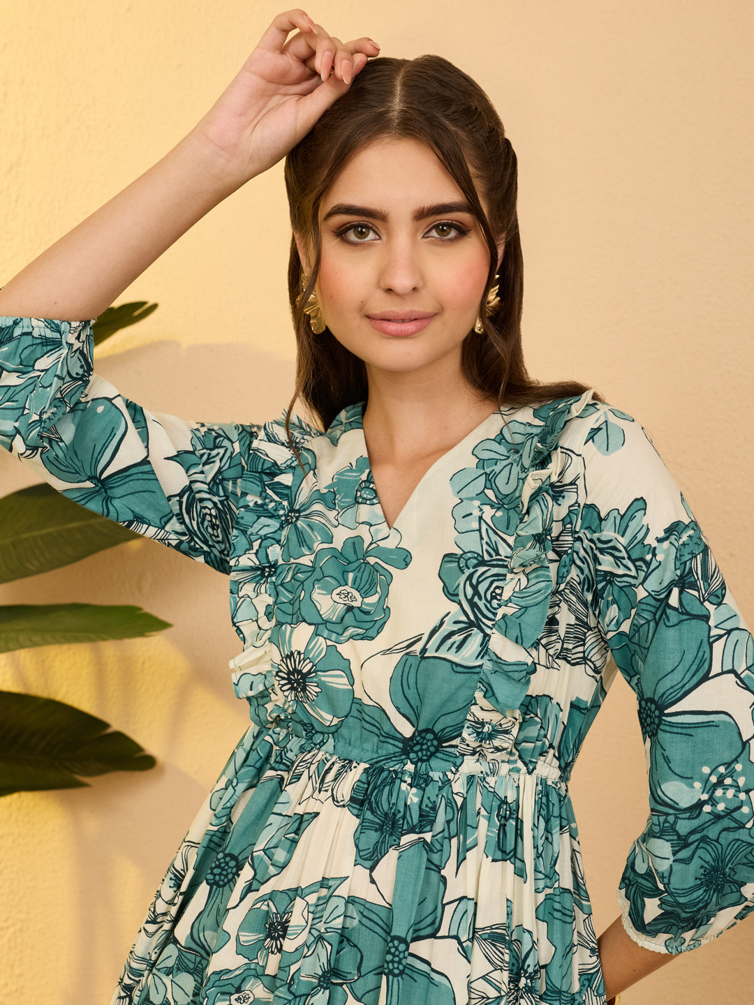 Janasya Women's Off White Pure Cotton Floral Printed Fit & Flare Dress