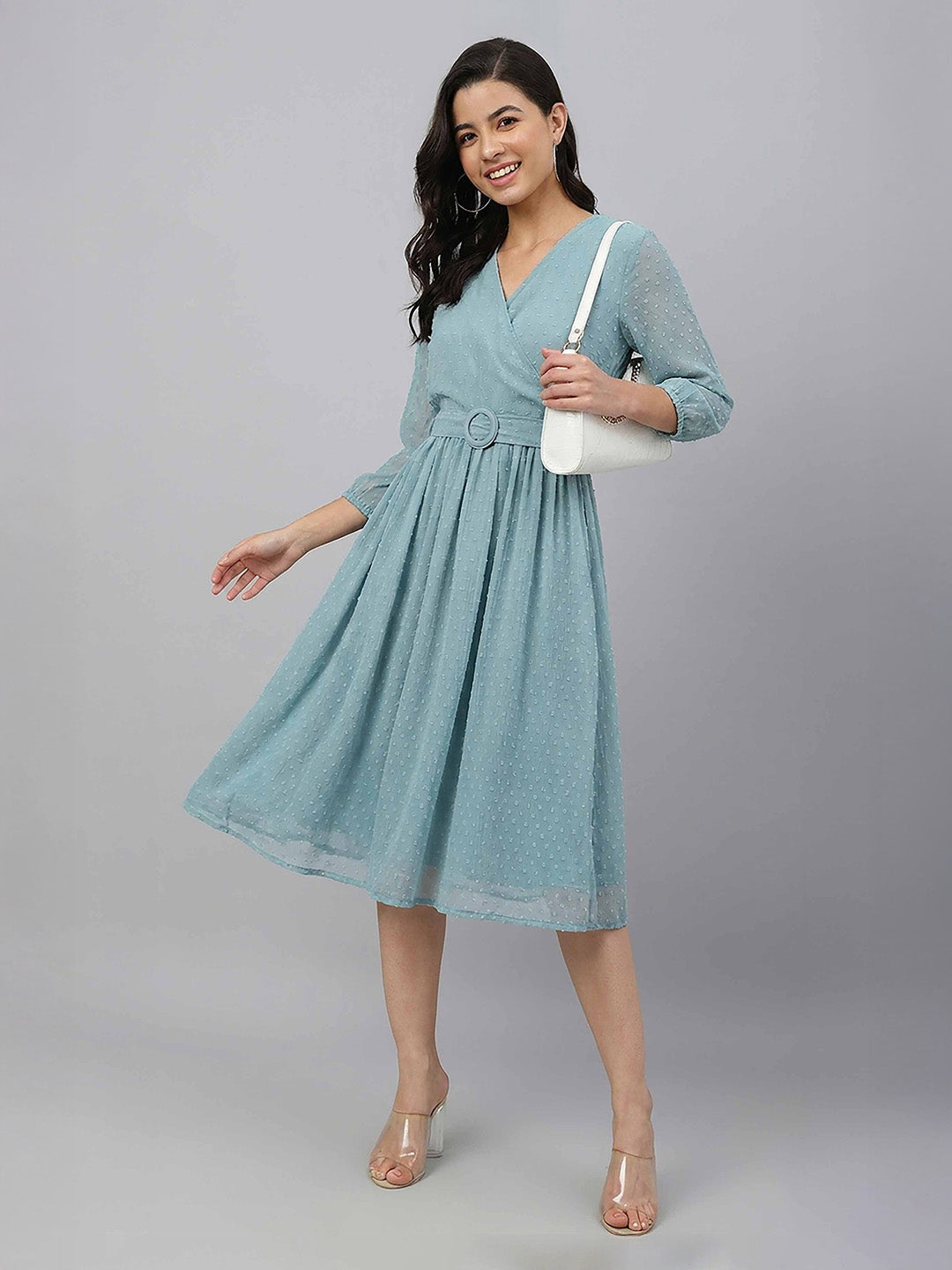 aqua fit and flare dress Janasya Women's Aqua Green Dobby Chiffon Solid Fit & Flare Dress