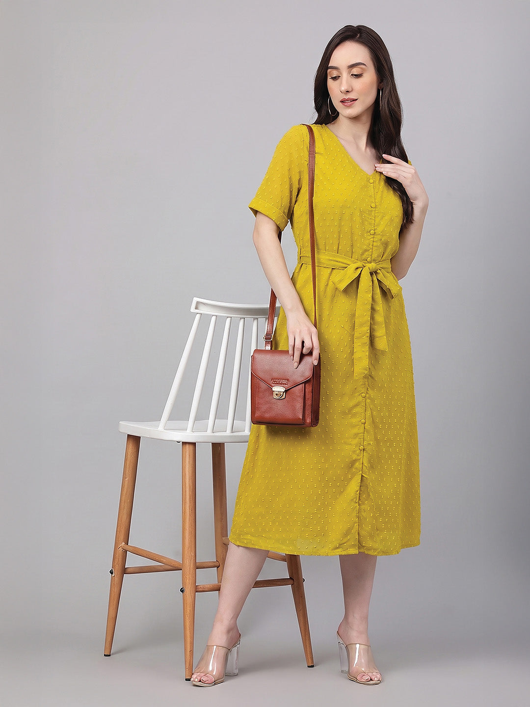 Janasya Women's Lime Dobby Chiffon Self Design A-Line Tie Up Dress