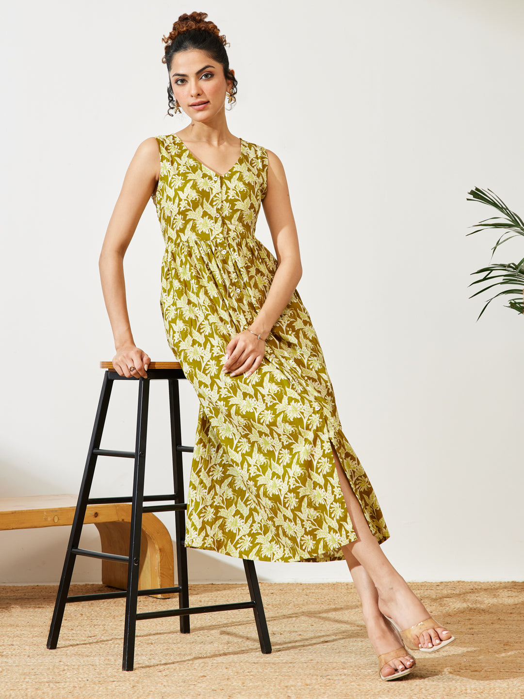 Janasya Women's Olive Green Pure Cotton Floral Printed A-line Dress