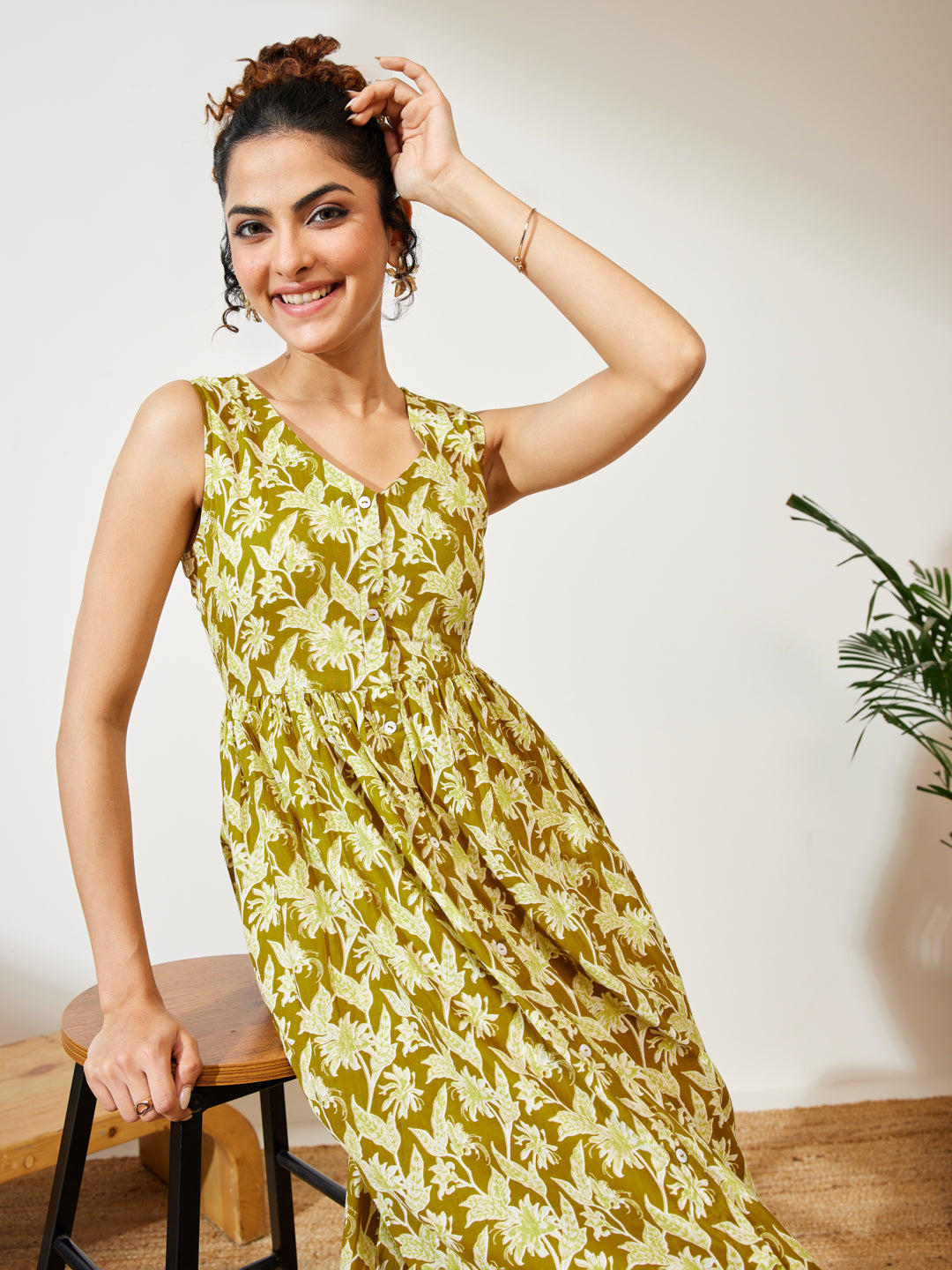 Janasya Women's Olive Green Pure Cotton Floral Printed A-line Dress