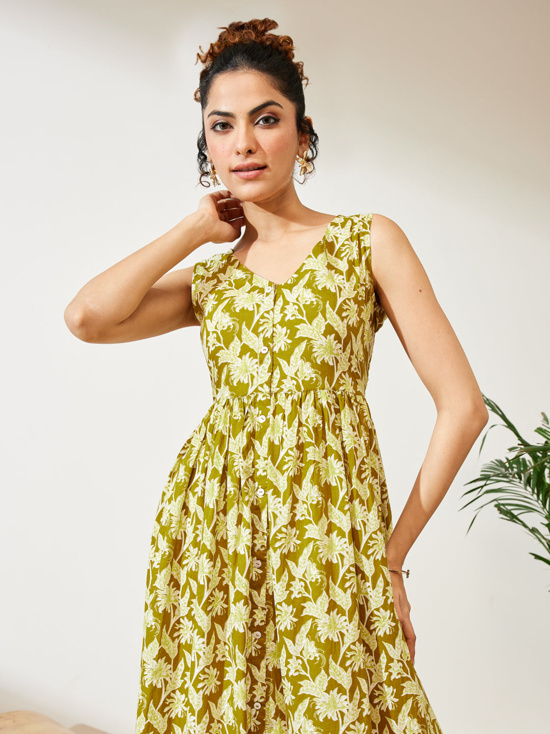 Janasya Women's Olive Green Pure Cotton Floral Printed A-line Dress
