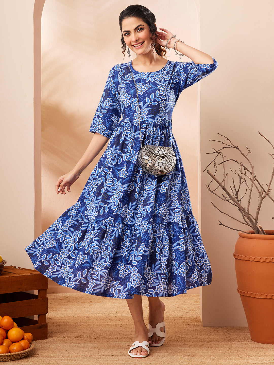 Janasya Women's Blue Pure Cotton Floral Printed Fit & Flare Dress