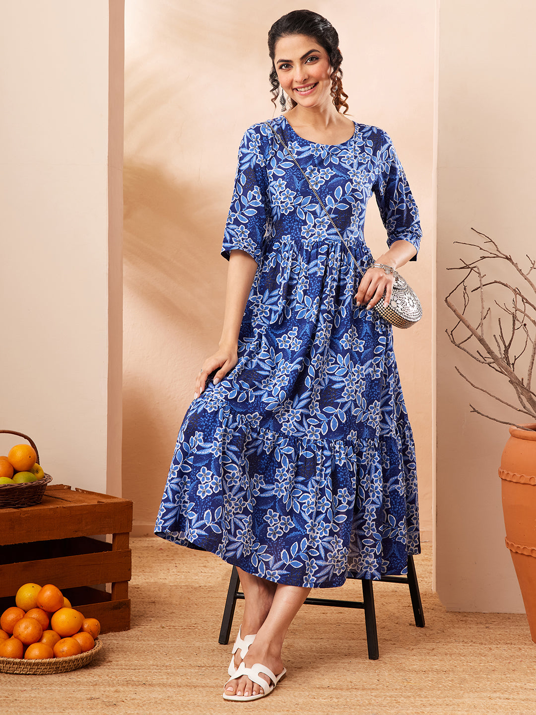 Janasya Women's Blue Pure Cotton Floral Printed Fit & Flare Dress