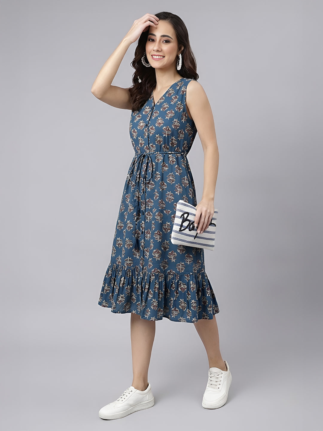 Janasya Women's Navy Blue Pure Cotton Floral Printed Fit & Flare Dress