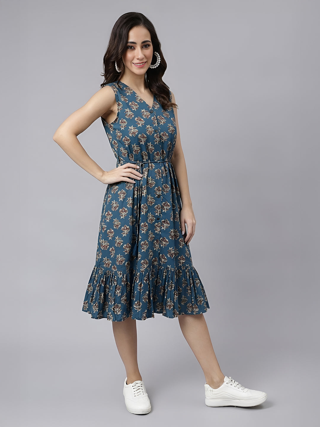 Janasya Women's Navy Blue Pure Cotton Floral Printed Fit & Flare Dress