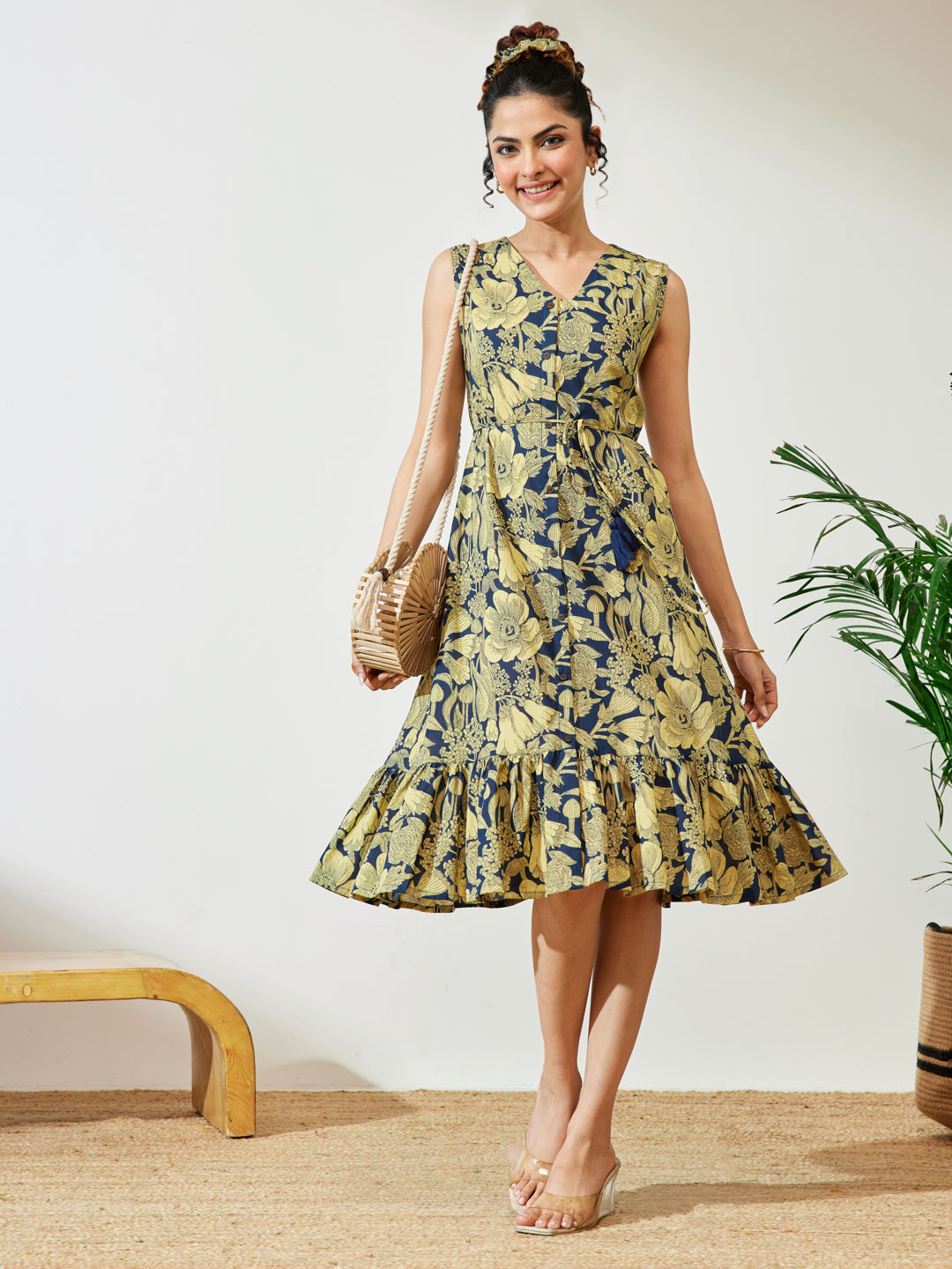 Janasya Women's Navy Blue Pure Cotton Floral Fit & Flare Dress