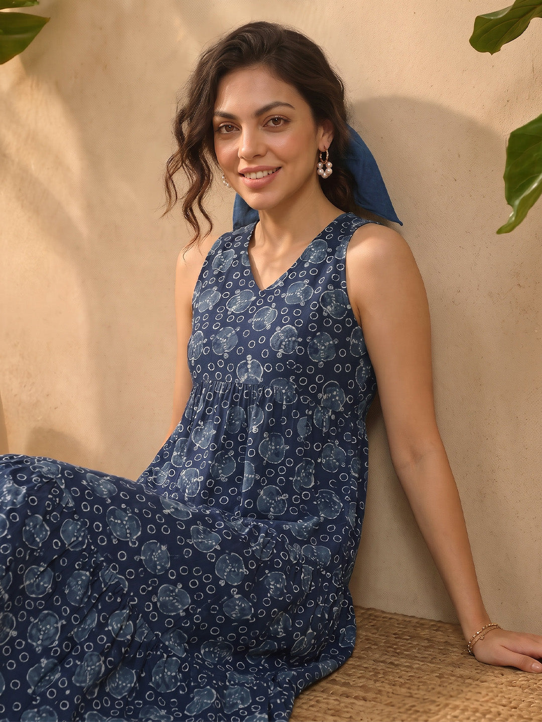 Janasya Women's Indigo Pure Cotton Geometric Printed Tiered Dress