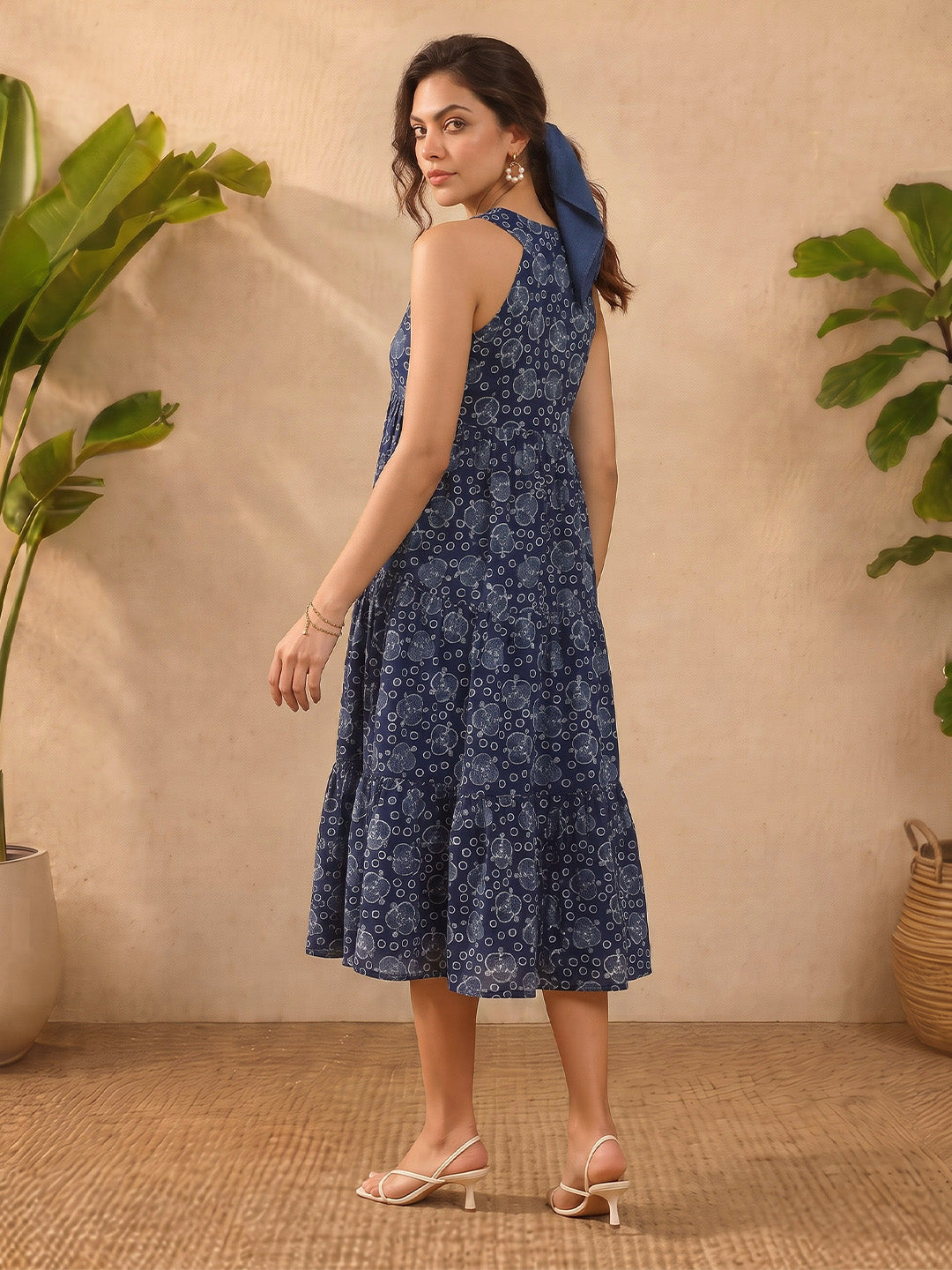 Janasya Women's Indigo Pure Cotton Geometric Printed Tiered Dress