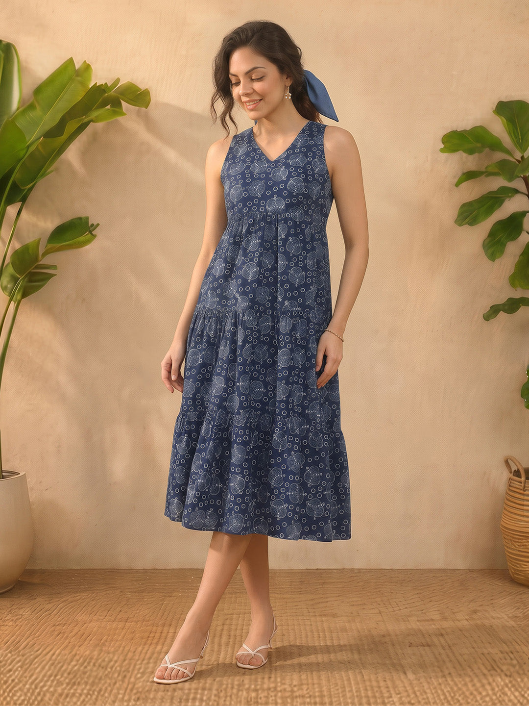 Janasya Women's Indigo Pure Cotton Geometric Printed Tiered Dress