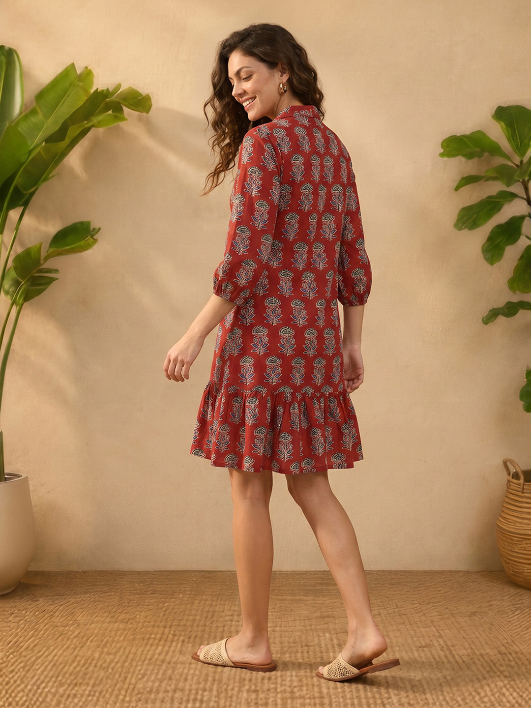 Janasya Women's Rust Pure Cotton Floral Printed A-Line Dress