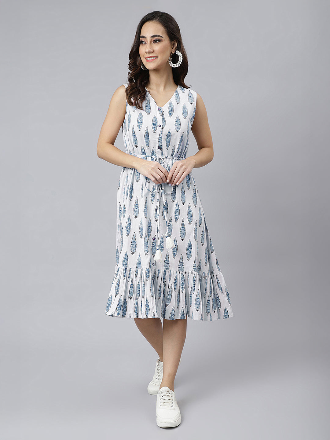 Janasya Women's White Pure Cotton Ethnic Motifs Printed Fit & Flare Dress