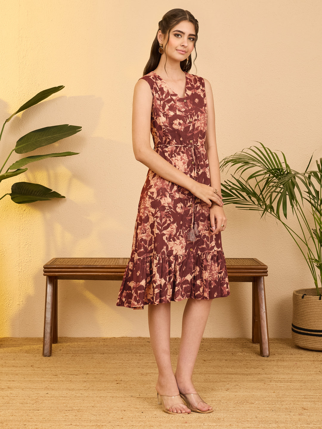 Janasya Women's Rust Pure Cotton Floral Printed Fit & Flare Dress