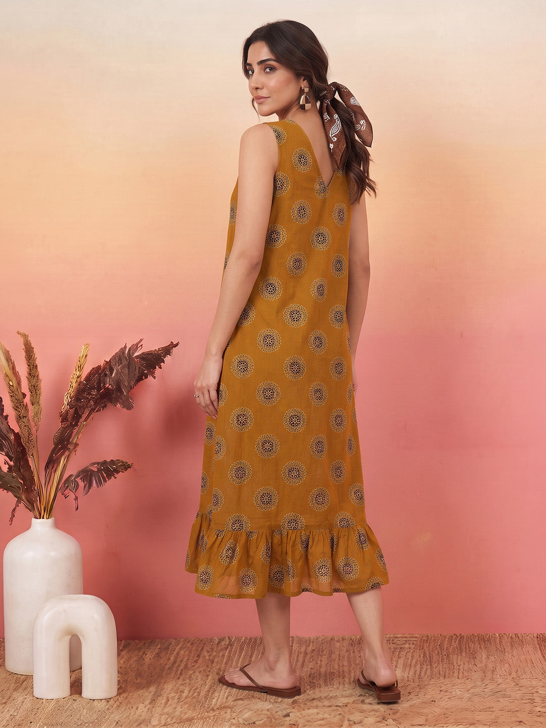 Janasya Women's Mustard Pure Cotton Floral Printed A-Line Dress