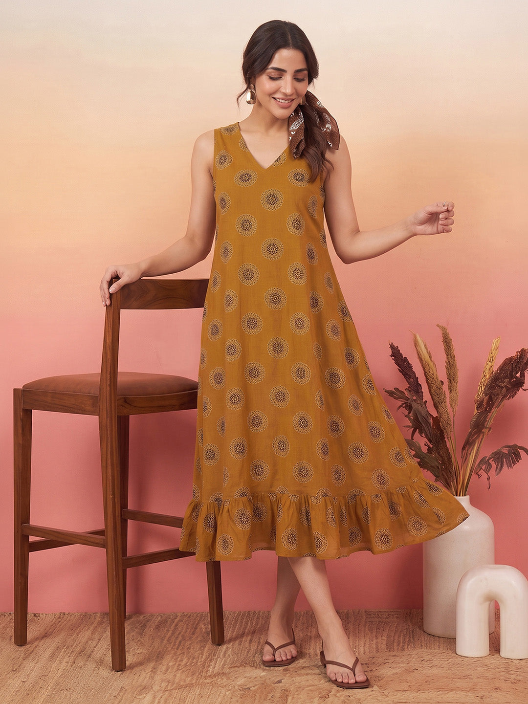 Janasya Women's Mustard Pure Cotton Floral Printed A-Line Dress