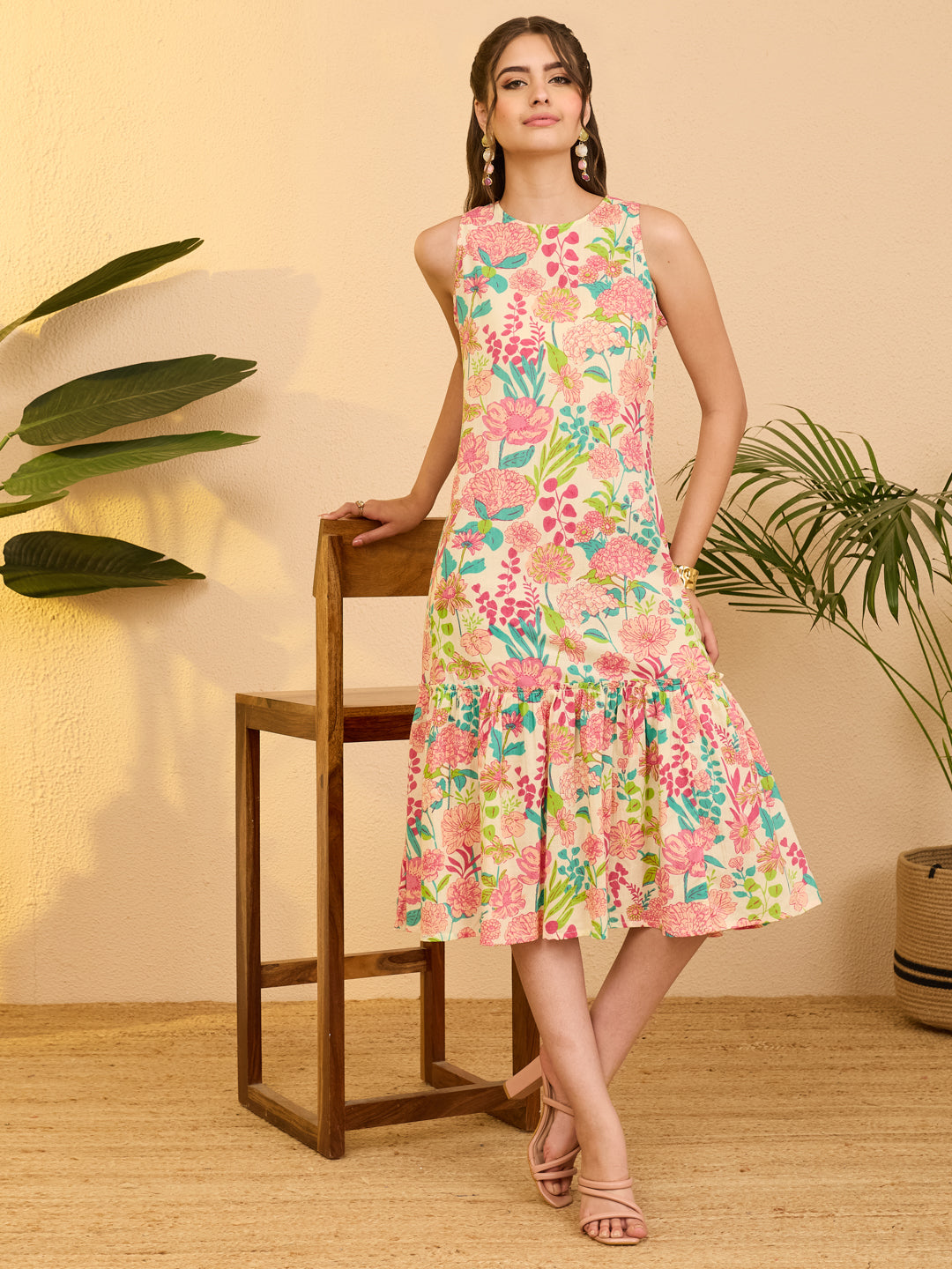 Janasya Women's Beige Pure Cotton Floral Printed A-line Dress