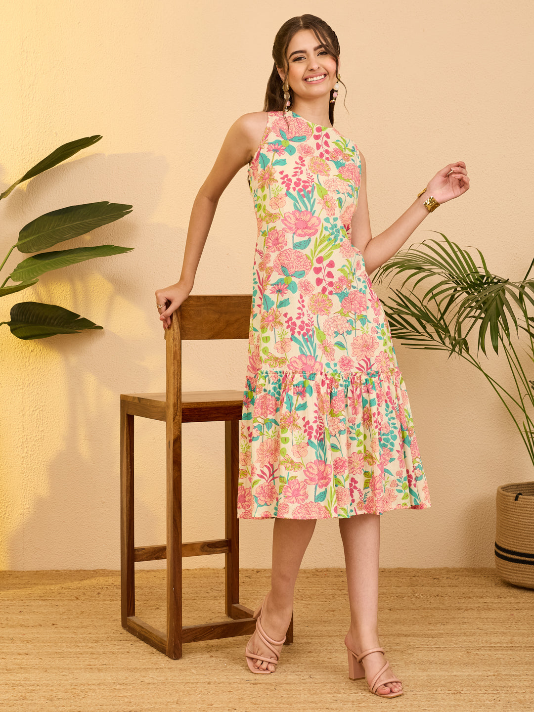 Janasya Women's Beige Pure Cotton Floral Printed A-line Dress