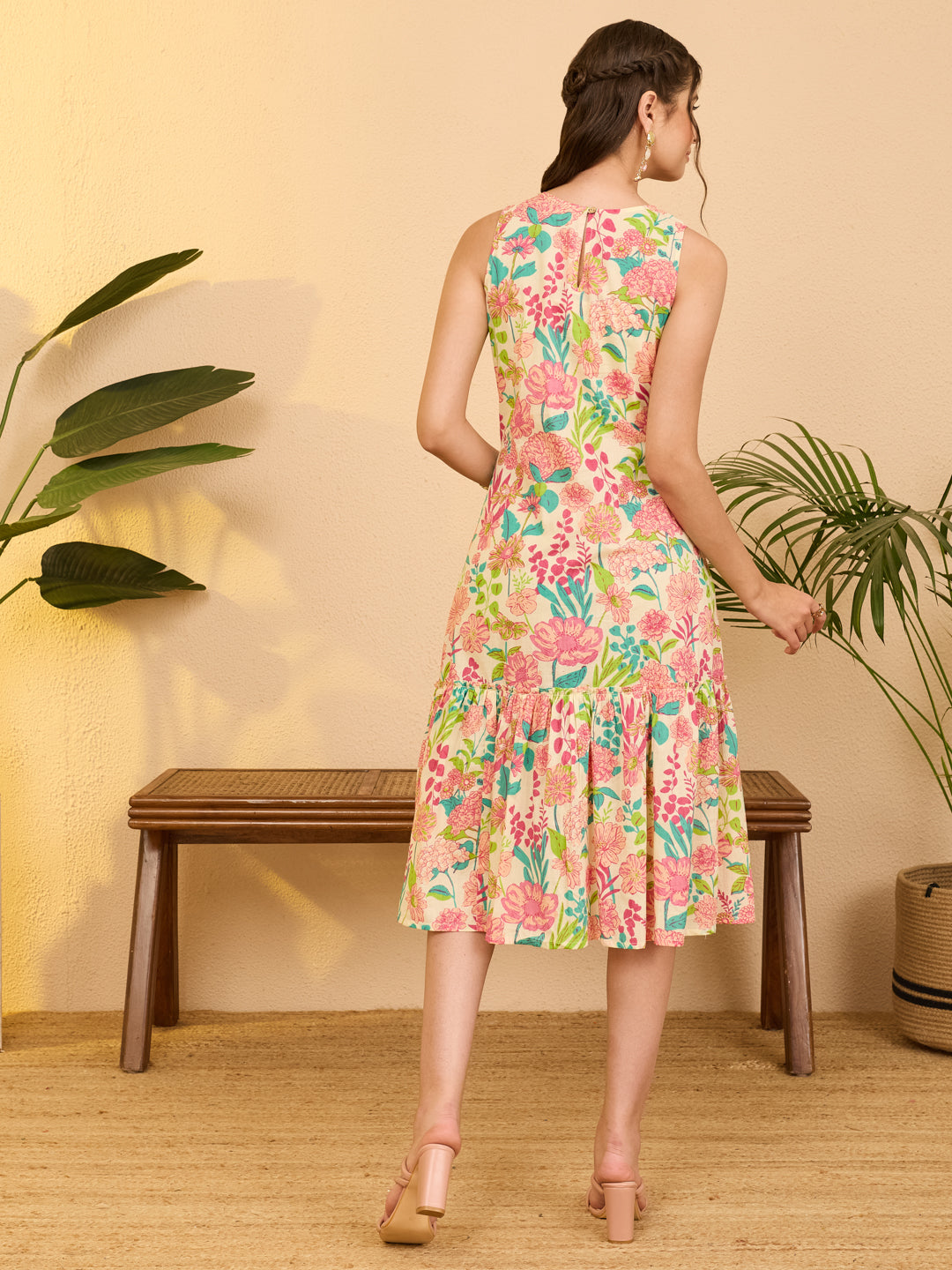 Janasya Women's Beige Pure Cotton Floral Printed A-line Dress