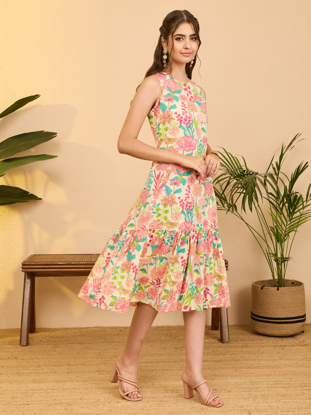 Janasya Women's Beige Pure Cotton Floral Printed A-line Dress