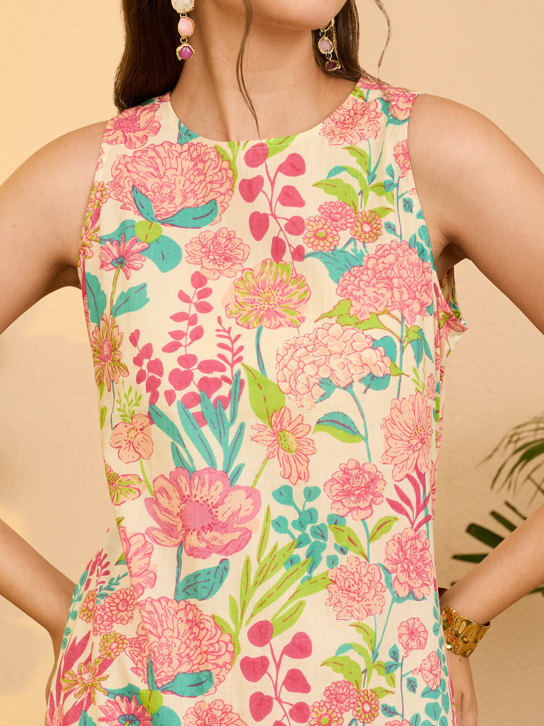 Janasya Women's Beige Pure Cotton Floral Printed A-line Dress