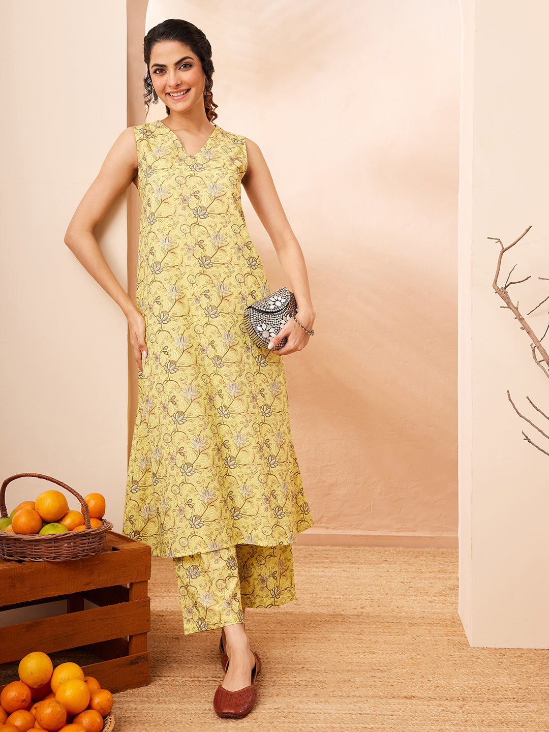 Janasya Women's Yellow Cotton Floral Printed A-line Kurta With Pant Set
